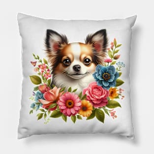 A chihuahua with beautiful colorful flowers Pillow