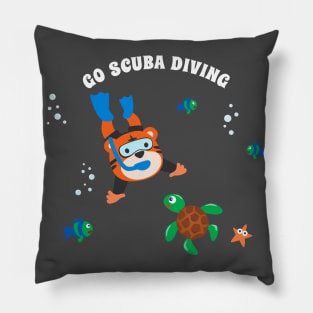 Diving with funny tiger and turtle with cartoon style. Pillow