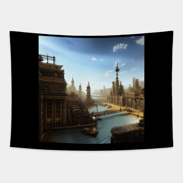 A nice view of a Steampunk City t-shirt Tapestry by 3 Blue Limes