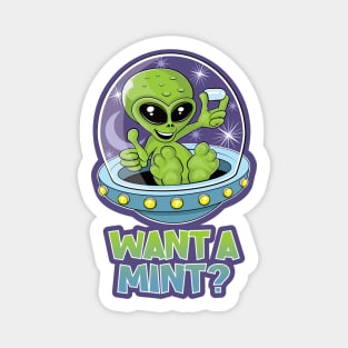 Cute alien in a flying saucer offering mints design Magnet