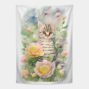 Flower Garden with a Tabby Cat Tapestry