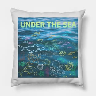 under the sea,blue sea,sea creatures,Turtle, puffer fish, starfish, shrimp, shark, tropical fish, sea horse, seaweed, sardines, squid, crabs, clams Pillow