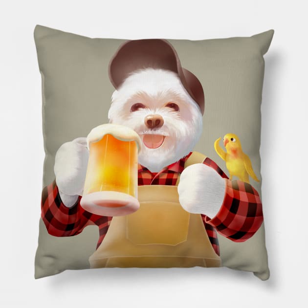 Smile Dog Drinking Beer Pillow by zkozkohi