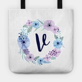 Floral Monogram V Icy Winter Blossoms Tote