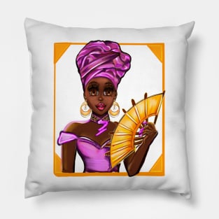 Queen Black is beautiful Anime Manga black girl with fan, Purple headdress, necklace, earrings, gold dress and head wrap, brown eyes and dark brown skin ! Pillow