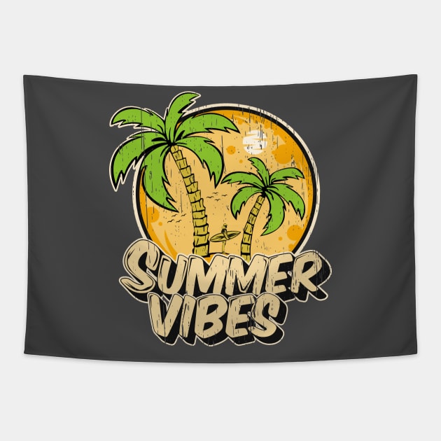 Sumer Vibes Surf Surfing palm trees vintage distressed beach retro vacation Tapestry by SpaceWiz95