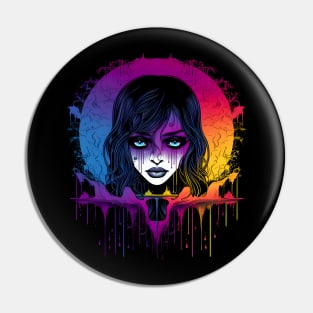 Cool Goth Girl Rainbow Neon Colors Rave Design Pin