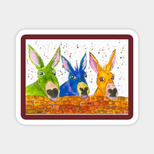 Three Quirky Colourful Donkeys chatting over the wall Magnet