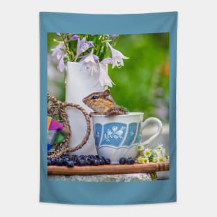 Chipmunk in a tea cup with blueberries Tapestry