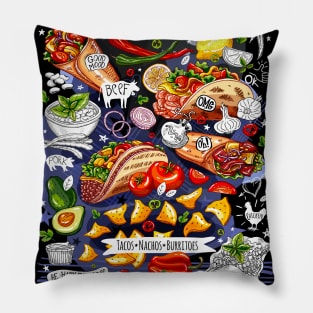 Food poster, food, Mexican, nachos, burritos, tacos, snack. Pillow