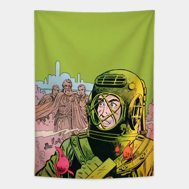 Underwater Diving Suit Ocean Gods Mysteries of Unexplored Worlds Retro Vintage Comic Book Tapestry by REVISTANGO