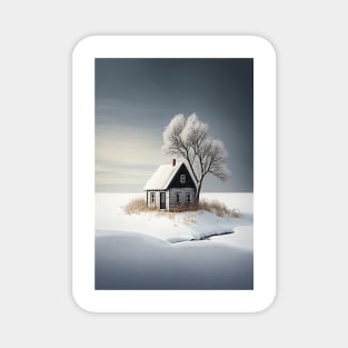 Minimalist Winter Landscape Isolated Cottage Snow Covered Tree Magnet