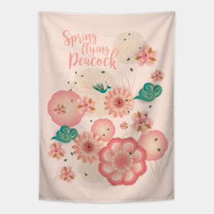 Elegant Floral Ornament, Spring Peach Garden, Decorative Pink Flowers, blossom sakuras pattern, Spring Dream Flying Peacock, Chinese Traditional background Vintage Tapestry