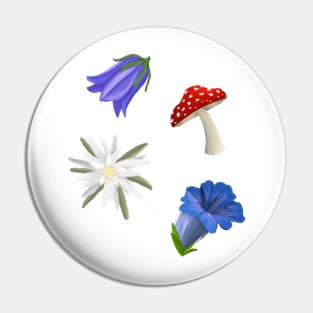 Alpine blooms - edelweiss, gentian, bellflower, fly agaric mushroom Pin