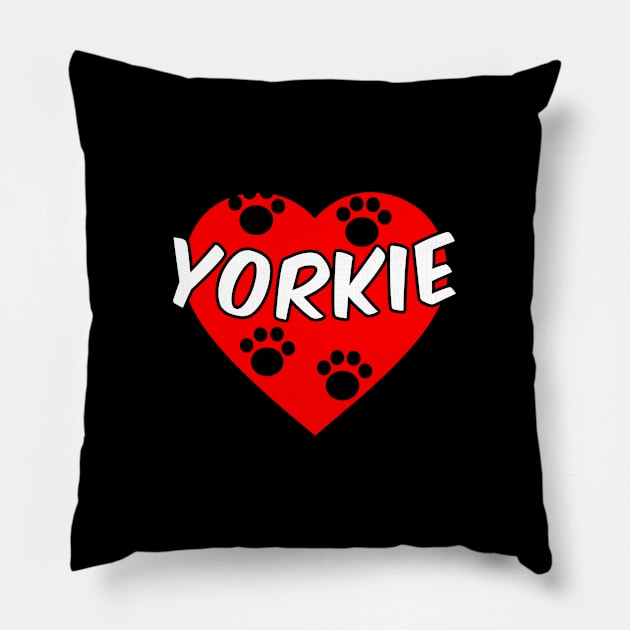 Yorkie Dog Paw Prints And Red Heart Pillow by Braznyc