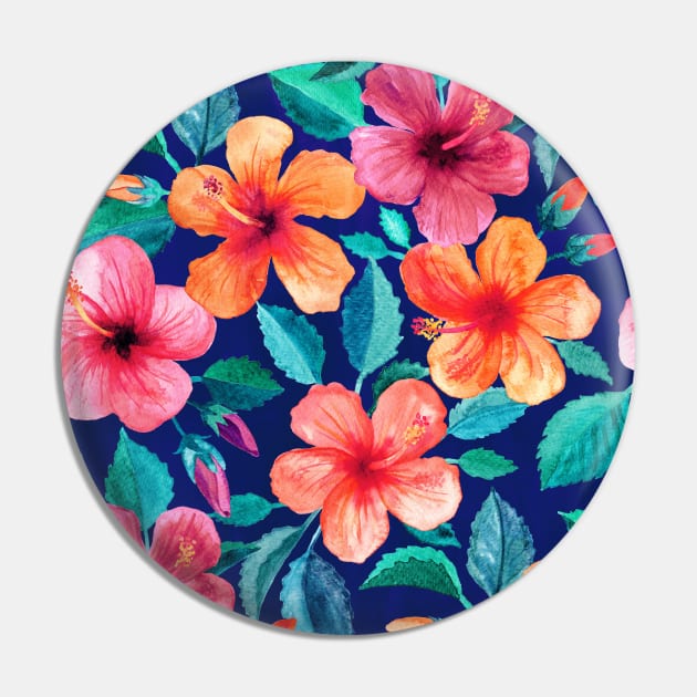 Colorful Watercolor Hibiscus on Indigo Blue Pin by micklyn