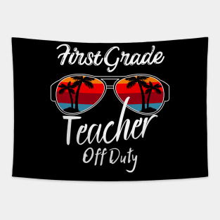 First Grade Teacher Off Duty, Retro Sunset Glasses, Summer Vacation Gift Tapestry