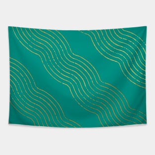 Teal Blue Gold colored abstract lines pattern Tapestry