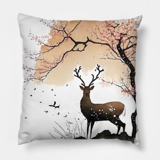 Sumi-e Style Nara Deer and Sakura Pillow