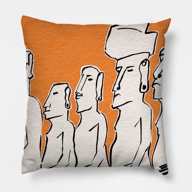Moai statues in ink Pillow by Aidi Riera