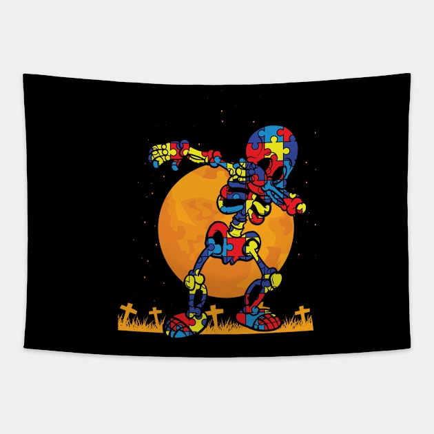 Dabbing Skeleton Autism Awareness Halloween Gift Tapestry by BadDesignCo