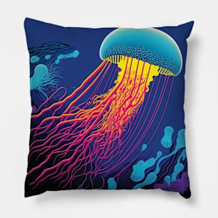 Blue, Pink and Yellow Jellyfish Swimming Underwater in the Ocean Pillow