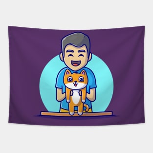 Cute Male With Cat Cartoon Vector Icon Illustration Tapestry