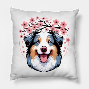 Australian Shepherd Welcomes Spring with Cherry Blossoms Pillow