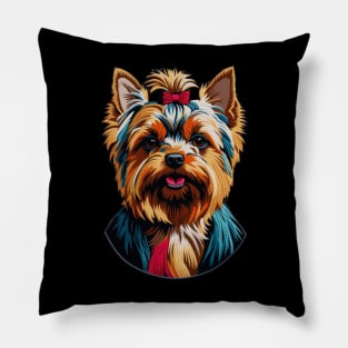 Yorkie with Bow Embroidered Patch Pillow