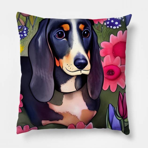 Basset Hound Dachshund Mix Basschshund Dog Puppy Whimsical Portrait Hiding in Wildflowers Secret Garden Digital Art Watercolor Painting Pillow by joannejgg