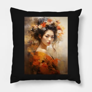 Japanese Girl With Orange Flowers in Her Hair Pillow