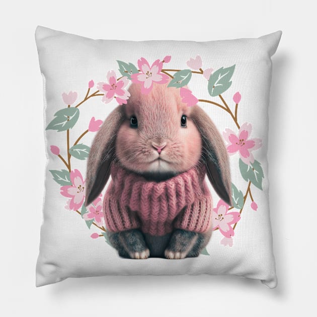 Adorable Baby Bunny in pink wool sweater - crown of charming flowers and leave Pillow by Artfully Yours