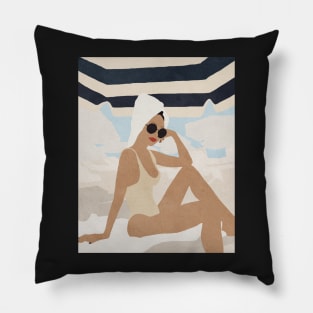 Girl on the beach, Boho style art, Mid century art Pillow