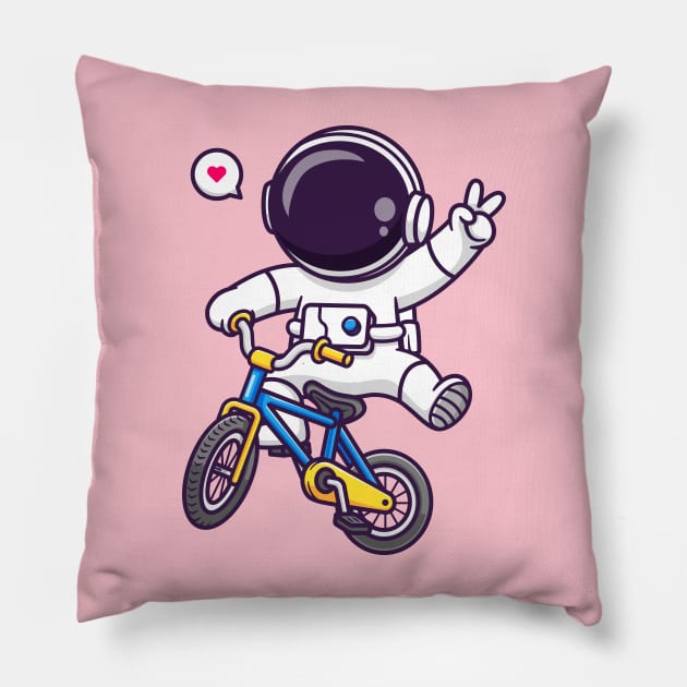 Cute Astronaut Riding Bicycle Cartoon Pillow by Catalyst Labs