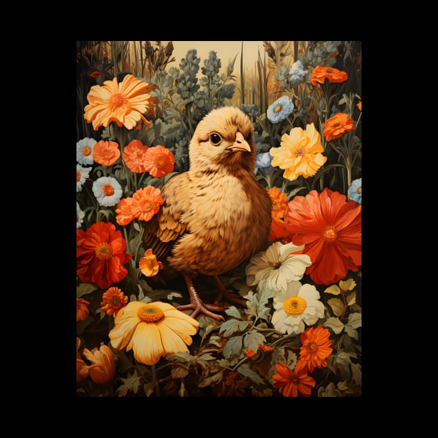 Retro Vintage Art Style Baby Chick in Field of Wild Flowers - Whimsical Farm by The Whimsical Homestead