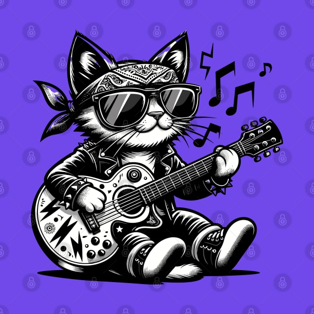 funny Cat Rock Black and White Guitar-Strumming Feline Design by FestiveFiesta