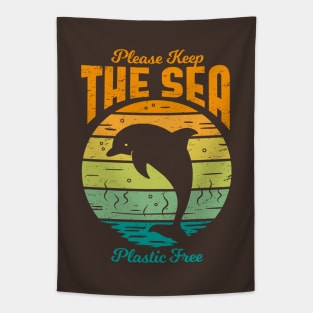 Please Keep the Sea Plastic Free - Retro Dolphin Tapestry