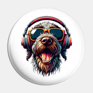 Slovakian Wirehaired Pointer Smiling DJ with Headphones and Sunglasses Pin