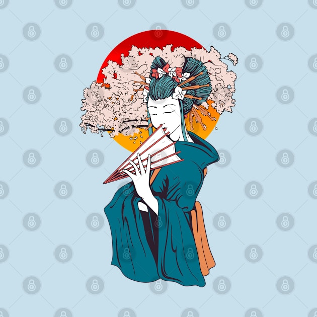 Geisha with fan and cherry tree by Littlelimehead