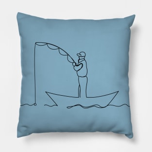 The man is fishing from the boat. Pillow