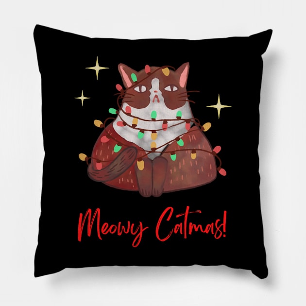 Meowy Catmas! Ugly Christmas Pillow by Pop Cult Store