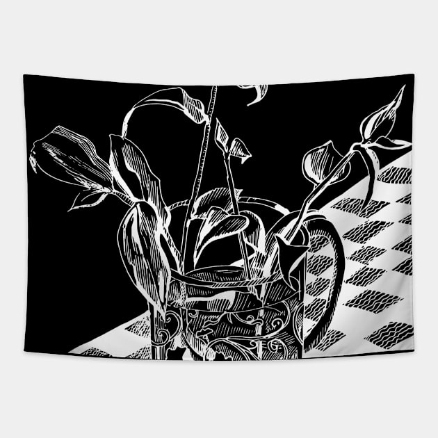 White outline on a black background. Still life with flowers. Tapestry by ElizabethArt