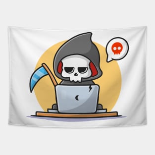 Cute Grim Reaper Operating Laptop Cartoon Vector Icon Illustration Tapestry