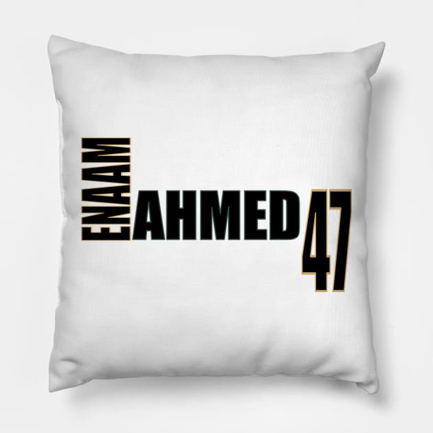 Enaam Ahmed '23 black text Pillow by SteamboatJoe
