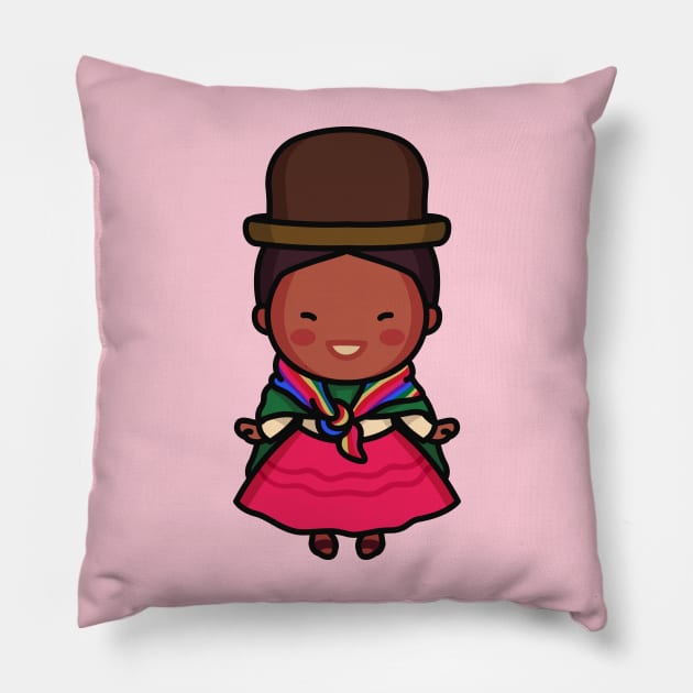 Cute Bolivian Village Woman in Traditional Clothing Cartoon Pillow by SLAG_Creative