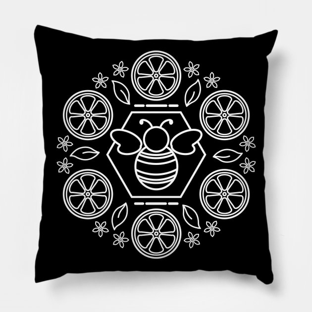 Honey Bee and Lemon Mandala | Black White Pillow by Wintre2