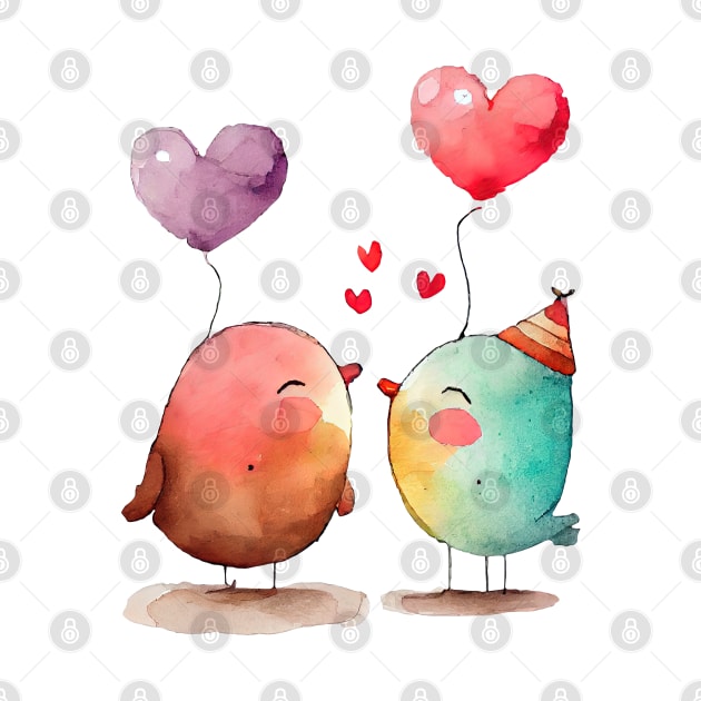 Love Birds with Heart Balloons Watercolor Design by Vooble