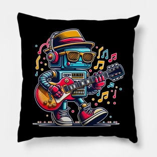 A Rockin' Blues Robot Blues Guitar Rock and Roll Robot Plays Lead Guitar with Music Notes Floating Around Pillow