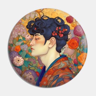 Asian Art Nouveau Man with Flowers Pin