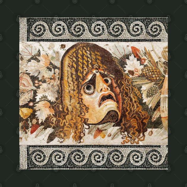 POMPEII COLLECTION ANTIQUE ROMAN MOSAICS ,GREEK TRAGEDY THEATER MASK WITH LEAVES AND PINE CONES by BulganLumini